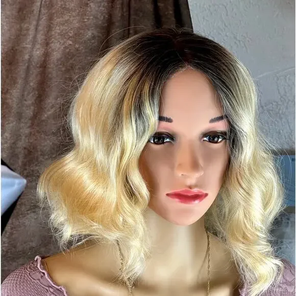 Blonde Ombre Wig Dark Roots Wavy - Picture 4 of 9